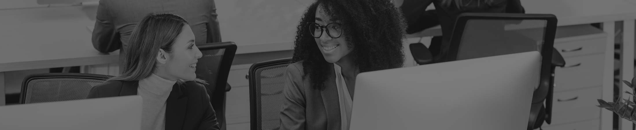 two office workers talking in office